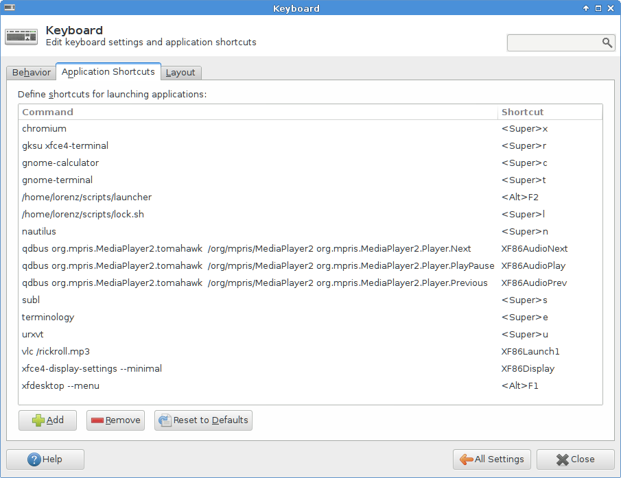 XFCE4 Applications shortcuts dialog